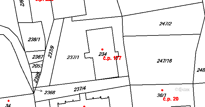 Radouňka 177, Jindřichův Hradec na parcele st. 234 v KÚ Radouňka, Katastrální mapa