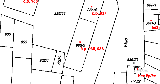 Třeboň II 935,936,937, Třeboň na parcele st. 886/2 v KÚ Třeboň, Katastrální mapa