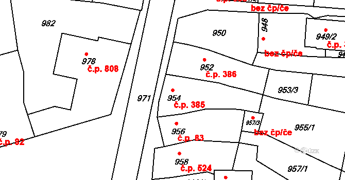 Hulín 385 na parcele st. 954 v KÚ Hulín, Katastrální mapa