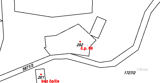 Horní Bečva 69 na parcele st. 282 v KÚ Horní Bečva, Katastrální mapa