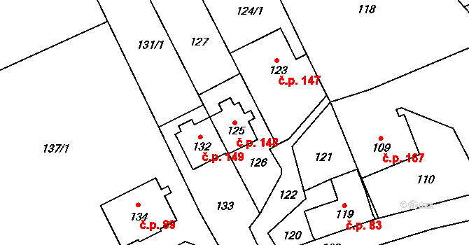 Dolní Zálezly 148 na parcele st. 125 v KÚ Dolní Zálezly, Katastrální mapa