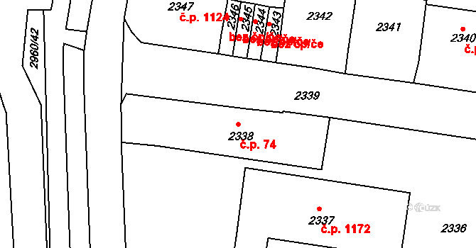 Střekov 74, Ústí nad Labem na parcele st. 2338 v KÚ Střekov, Katastrální mapa
