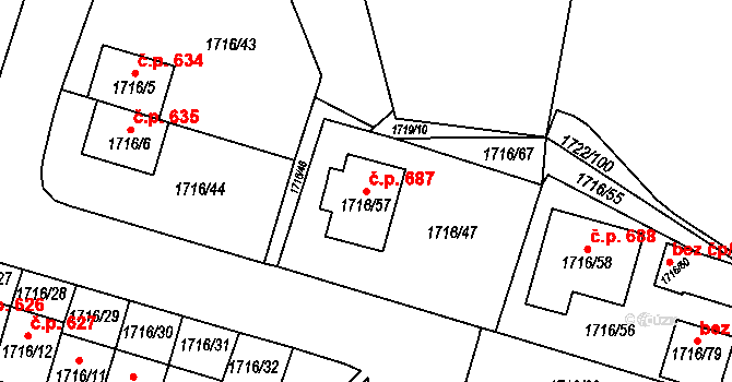 Miřetice u Klášterce nad Ohří 687, Klášterec nad Ohří na parcele st. 1716/57 v KÚ Miřetice u Klášterce nad Ohří, Katastrální mapa
