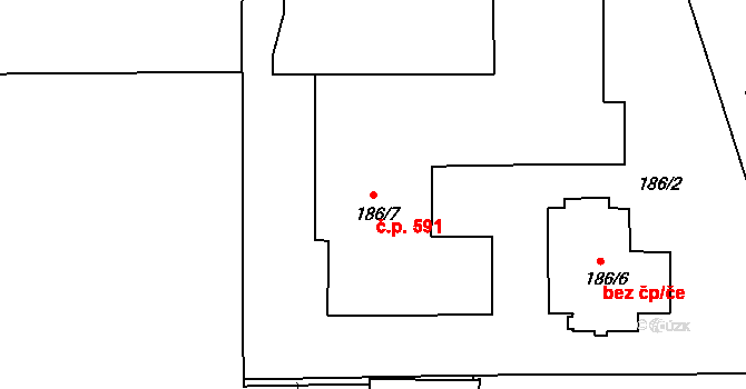 Komárov 591, Brno na parcele st. 186/7 v KÚ Komárov, Katastrální mapa