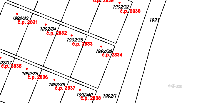 Teplice 2834 na parcele st. 1992/36 v KÚ Teplice, Katastrální mapa