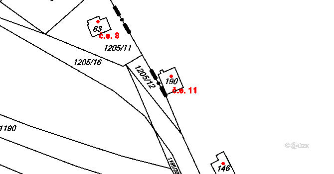 Bor 11, Suchdol nad Lužnicí na parcele st. 190 v KÚ Bor, Katastrální mapa