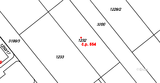 Krč 554, Praha na parcele st. 1232 v KÚ Krč, Katastrální mapa