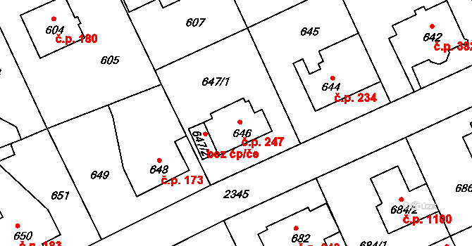 Suchdol 247, Praha na parcele st. 646 v KÚ Suchdol, Katastrální mapa