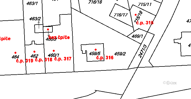 Hloubětín 316, Praha na parcele st. 459/5 v KÚ Hloubětín, Katastrální mapa