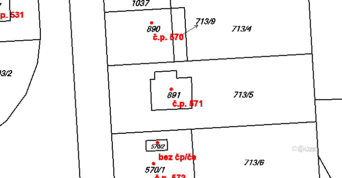 Sezimovo Ústí 571 na parcele st. 891 v KÚ Sezimovo Ústí, Katastrální mapa