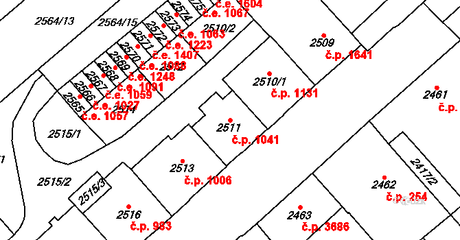 Chomutov 1041 na parcele st. 2511 v KÚ Chomutov I, Katastrální mapa