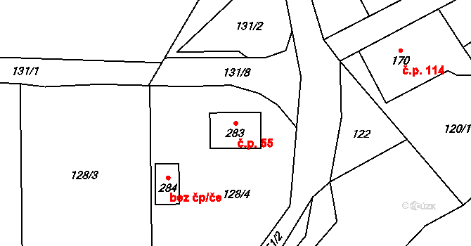 Horní Chrastava 55, Chrastava na parcele st. 283 v KÚ Horní Chrastava, Katastrální mapa