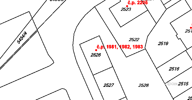 Východní Předměstí 1981,1982,1983, Plzeň na parcele st. 2526 v KÚ Plzeň, Katastrální mapa