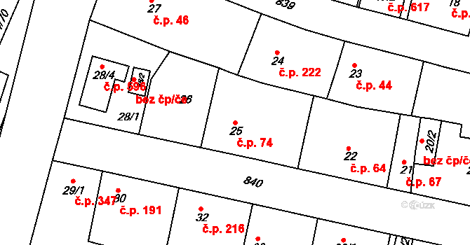 Doudlevce 74, Plzeň na parcele st. 25 v KÚ Doudlevce, Katastrální mapa