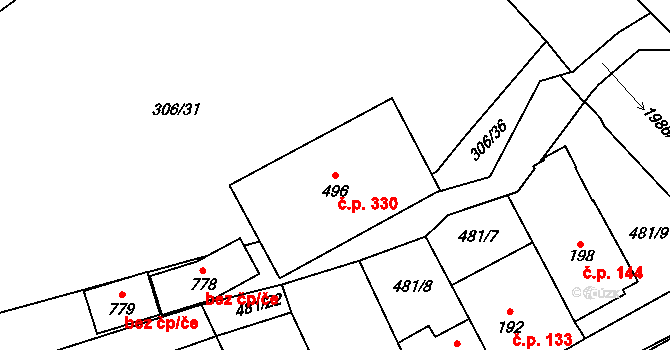 Louky 330, Zlín na parcele st. 496 v KÚ Louky nad Dřevnicí, Katastrální mapa