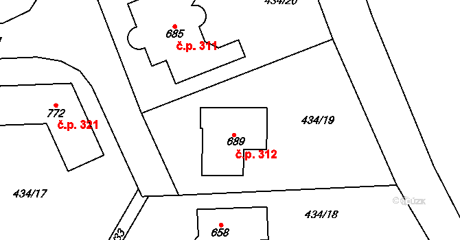 Třebotov 312 na parcele st. 689 v KÚ Třebotov, Katastrální mapa