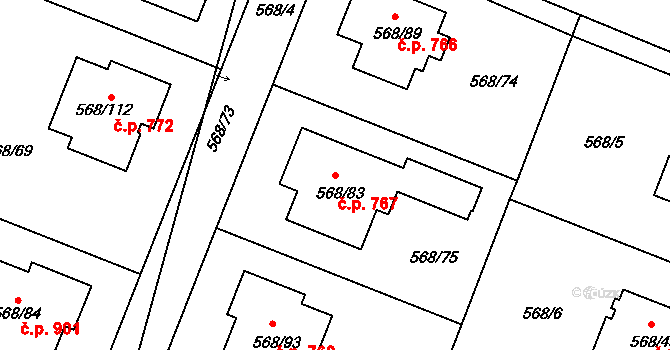 Šeberov 767, Praha na parcele st. 568/83 v KÚ Šeberov, Katastrální mapa