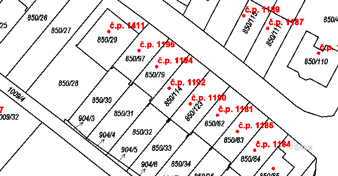 Mohelnice 1192 na parcele st. 850/114 v KÚ Mohelnice, Katastrální mapa