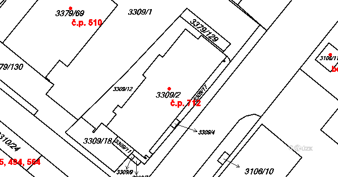 Dědice 712, Vyškov na parcele st. 3309/2 v KÚ Vyškov, Katastrální mapa