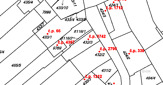 Hodonín 3742 na parcele st. 432/3 v KÚ Hodonín, Katastrální mapa