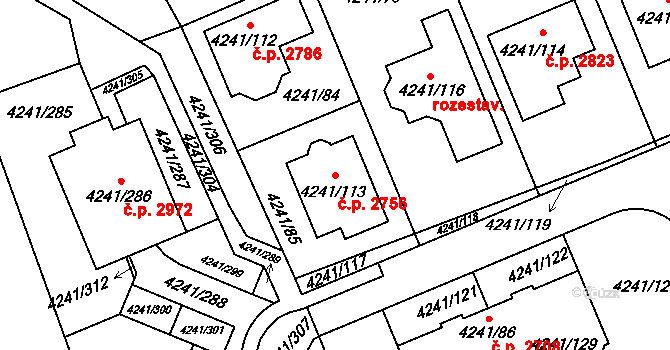 Horní Počernice 2756, Praha na parcele st. 4241/113 v KÚ Horní Počernice, Katastrální mapa