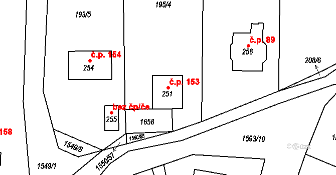 Kladeruby 153 na parcele st. 251 v KÚ Kladeruby, Katastrální mapa