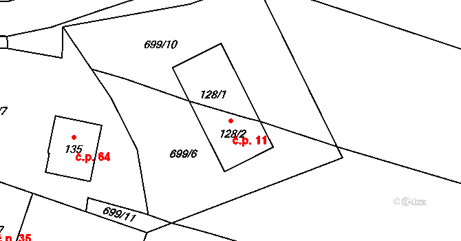 Mezno 11 na parcele st. 128/1 v KÚ Mezno, Katastrální mapa