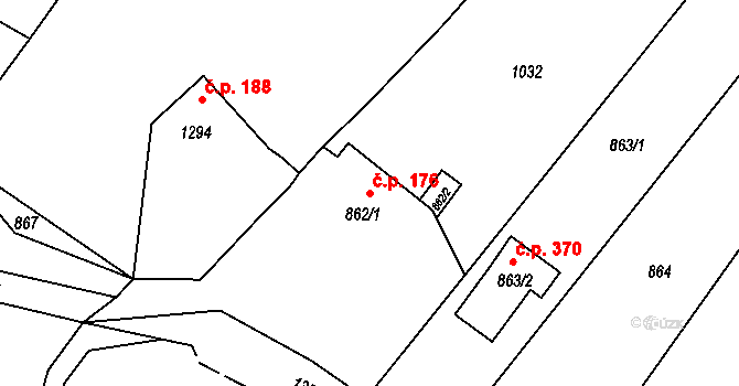 Hvozdná 176 na parcele st. 862/1 v KÚ Hvozdná, Katastrální mapa
