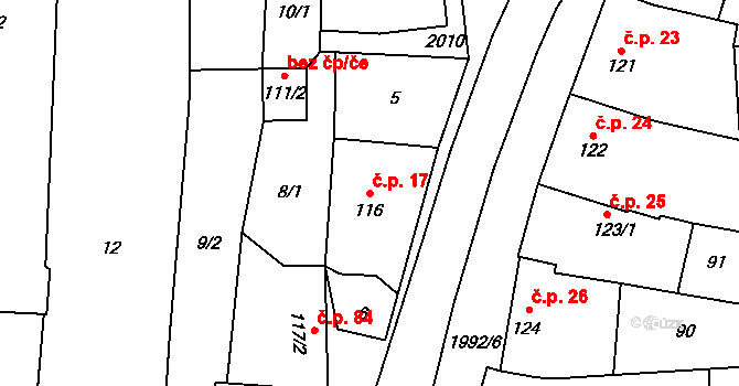 Louky 17, Zlín na parcele st. 116 v KÚ Louky nad Dřevnicí, Katastrální mapa