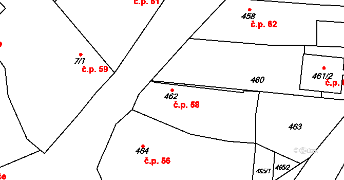 Chlebičov 58 na parcele st. 462 v KÚ Chlebičov, Katastrální mapa
