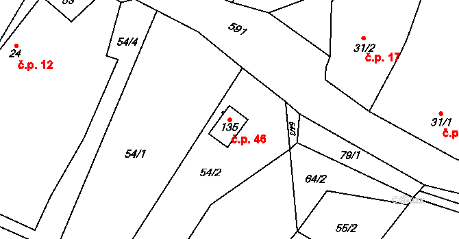 Lhotky 46 na parcele st. 135 v KÚ Lhotky u Mladé Boleslavi, Katastrální mapa
