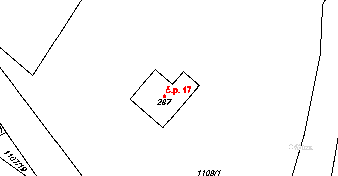 Vrbětice 17, Tisovec na parcele st. 287 v KÚ Tisovec, Katastrální mapa