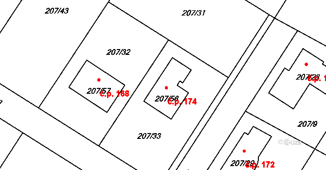 Sobín 174, Praha na parcele st. 207/56 v KÚ Sobín, Katastrální mapa