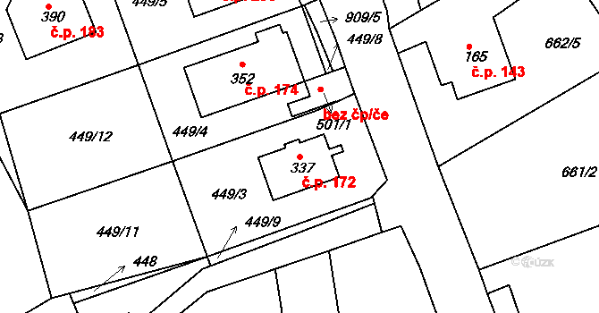 Smrkovice 172, Písek na parcele st. 337 v KÚ Smrkovice, Katastrální mapa
