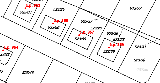 Srubec 857 na parcele st. 523/55 v KÚ Srubec, Katastrální mapa