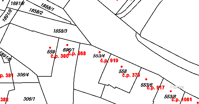 Slaný 919 na parcele st. 553/4 v KÚ Slaný, Katastrální mapa