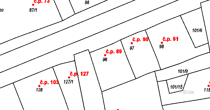 Rudná 89 na parcele st. 96 v KÚ Dušníky u Rudné, Katastrální mapa
