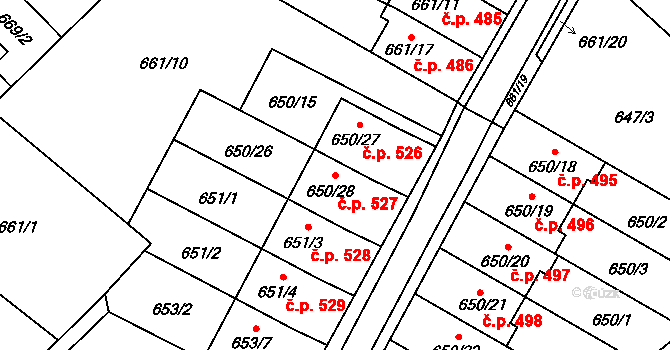 Jakubské Předměstí 527, Jaroměř na parcele st. 650/28 v KÚ Jaroměř, Katastrální mapa