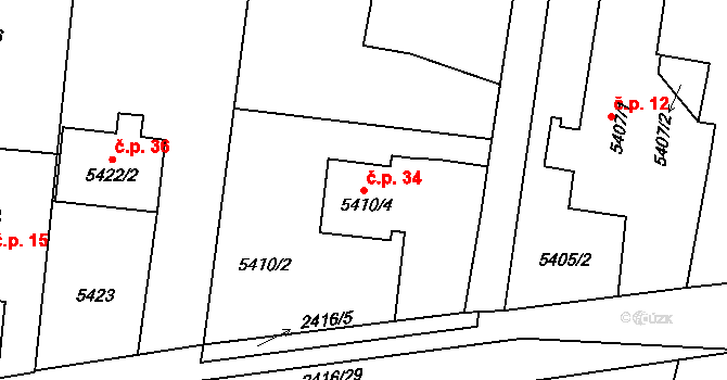 Roveňsko 34, Holice na parcele st. 5410/4 v KÚ Holice v Čechách, Katastrální mapa
