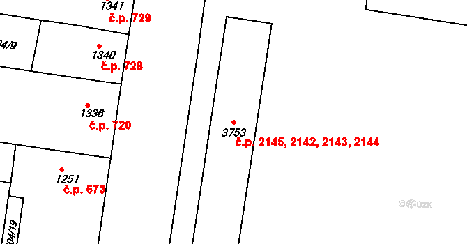 Zelené Předměstí 2142,2143,2144,2145, Pardubice na parcele st. 3753 v KÚ Pardubice, Katastrální mapa