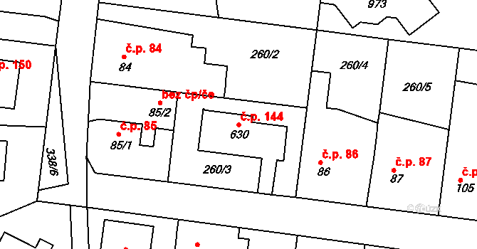 Popkovice 144, Pardubice na parcele st. 630 v KÚ Popkovice, Katastrální mapa