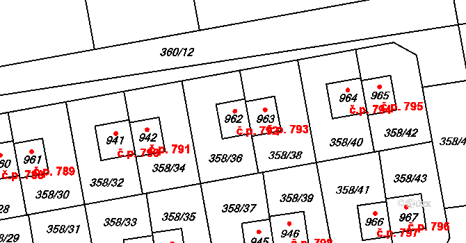 Nehvizdy 792 na parcele st. 962 v KÚ Nehvizdy, Katastrální mapa