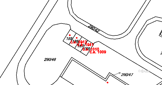Hrušovany 1010 na parcele st. 187 v KÚ Hrušovany u Chomutova, Katastrální mapa