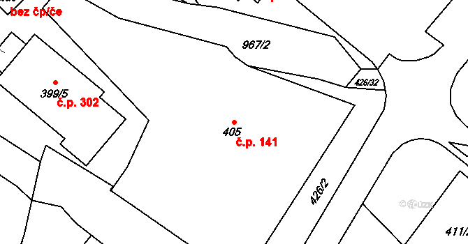 Loučka 141, Nový Jičín na parcele st. 405 v KÚ Loučka u Nového Jičína, Katastrální mapa