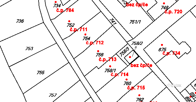 Odry 713 na parcele st. 756 v KÚ Odry, Katastrální mapa