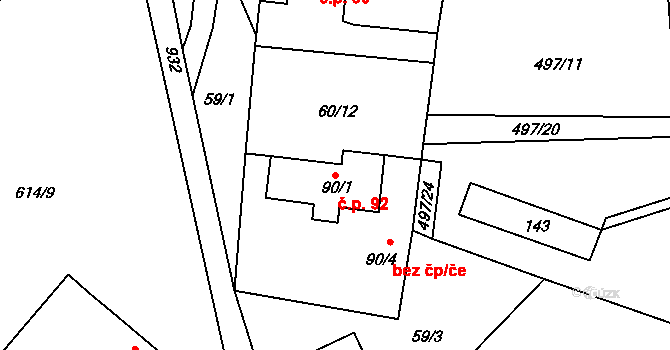 Krasoňov 92, Humpolec na parcele st. 90/1 v KÚ Krasoňov, Katastrální mapa