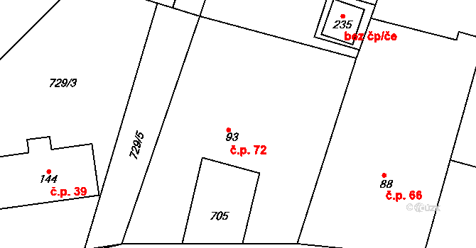 Mírovka 72, Havlíčkův Brod na parcele st. 93 v KÚ Mírovka, Katastrální mapa
