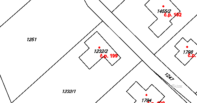 Olbramice 199 na parcele st. 1232/2 v KÚ Olbramice, Katastrální mapa