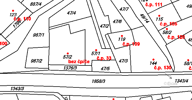 Jestřabice 33, Koryčany na parcele st. 57/1 v KÚ Jestřabice, Katastrální mapa