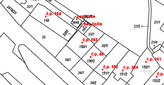 Bystřice pod Hostýnem 163 na parcele st. 150/1 v KÚ Bystřice pod Hostýnem, Katastrální mapa